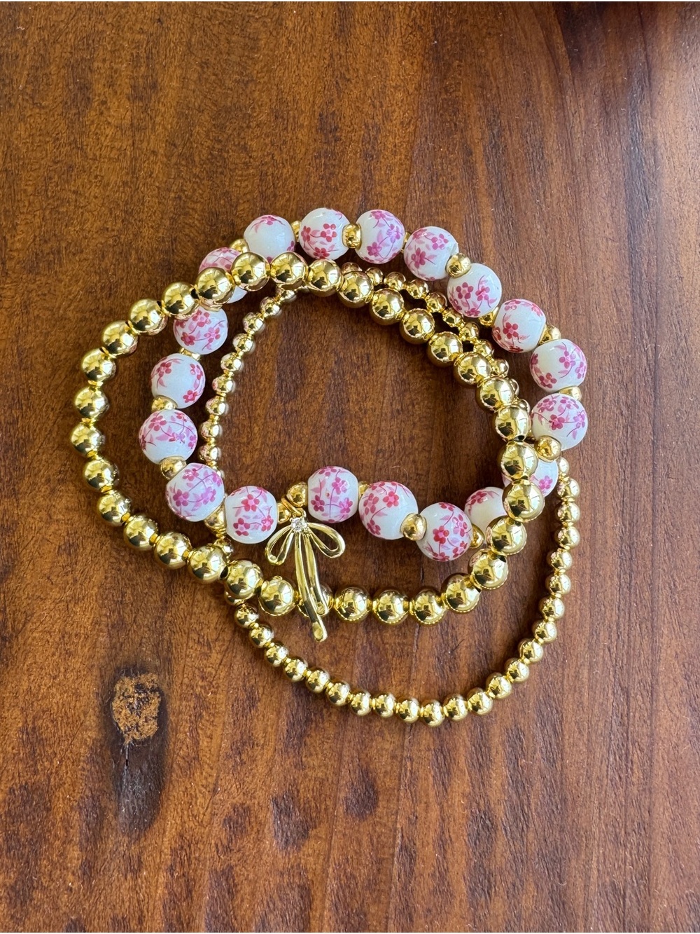 Gold & Pink Floral Bead Stretch Bracelet Set